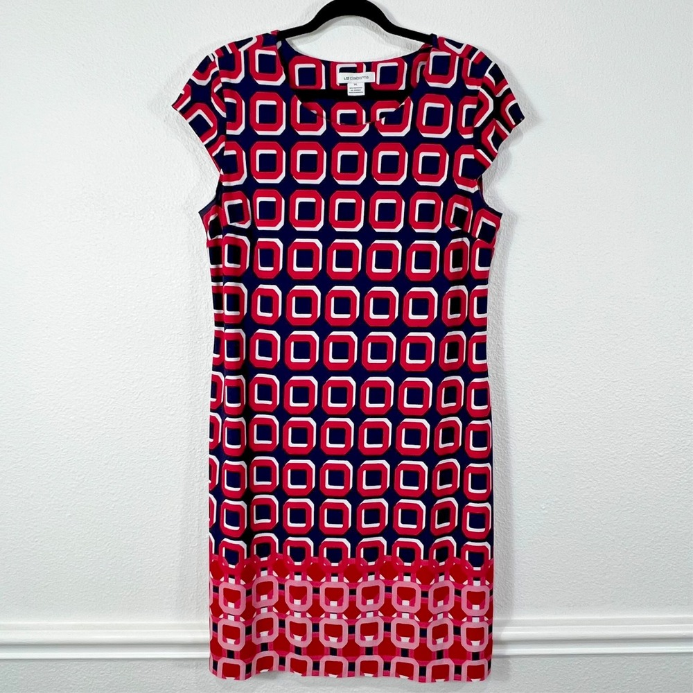 Liz Claiborne Dress Womens XL Multicolor Geometric Stretch Cap Sleeve Midi Top